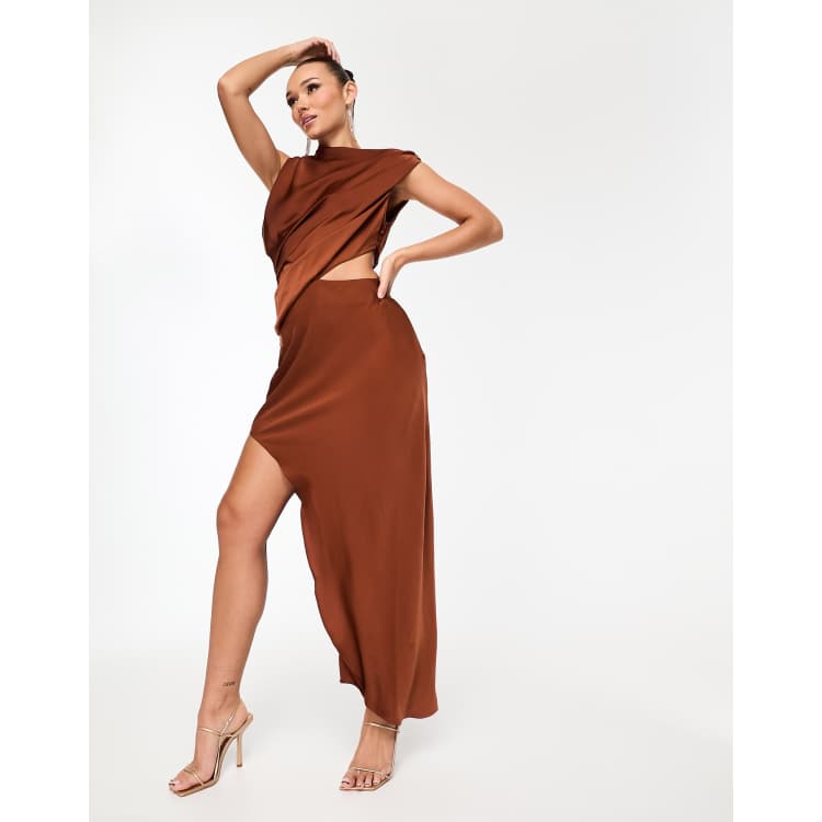 ASOS DESIGN one-shoulder satin midaxi dress with contrast lace inserts in  chocolate