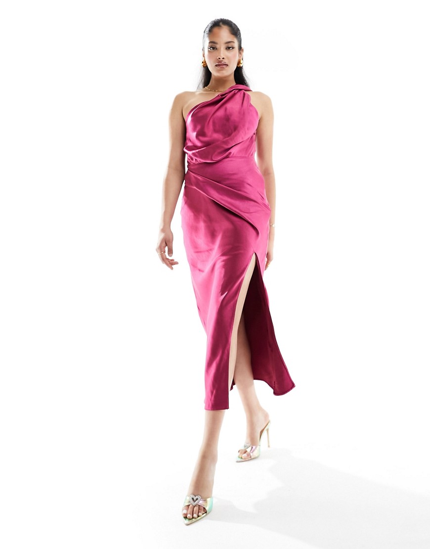 Asos Design Satin Twist Shoulder Midi Dress With Slit In Pink