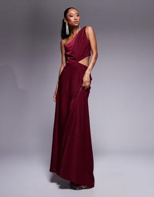 satin twist strap cut-out maxi dress in burgundy-Red