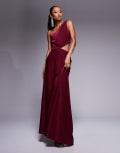 [ASOS DESIGN] ASOS DESIGN satin twist strap cut out maxi dress in burgundy-Red 16 Burgundy