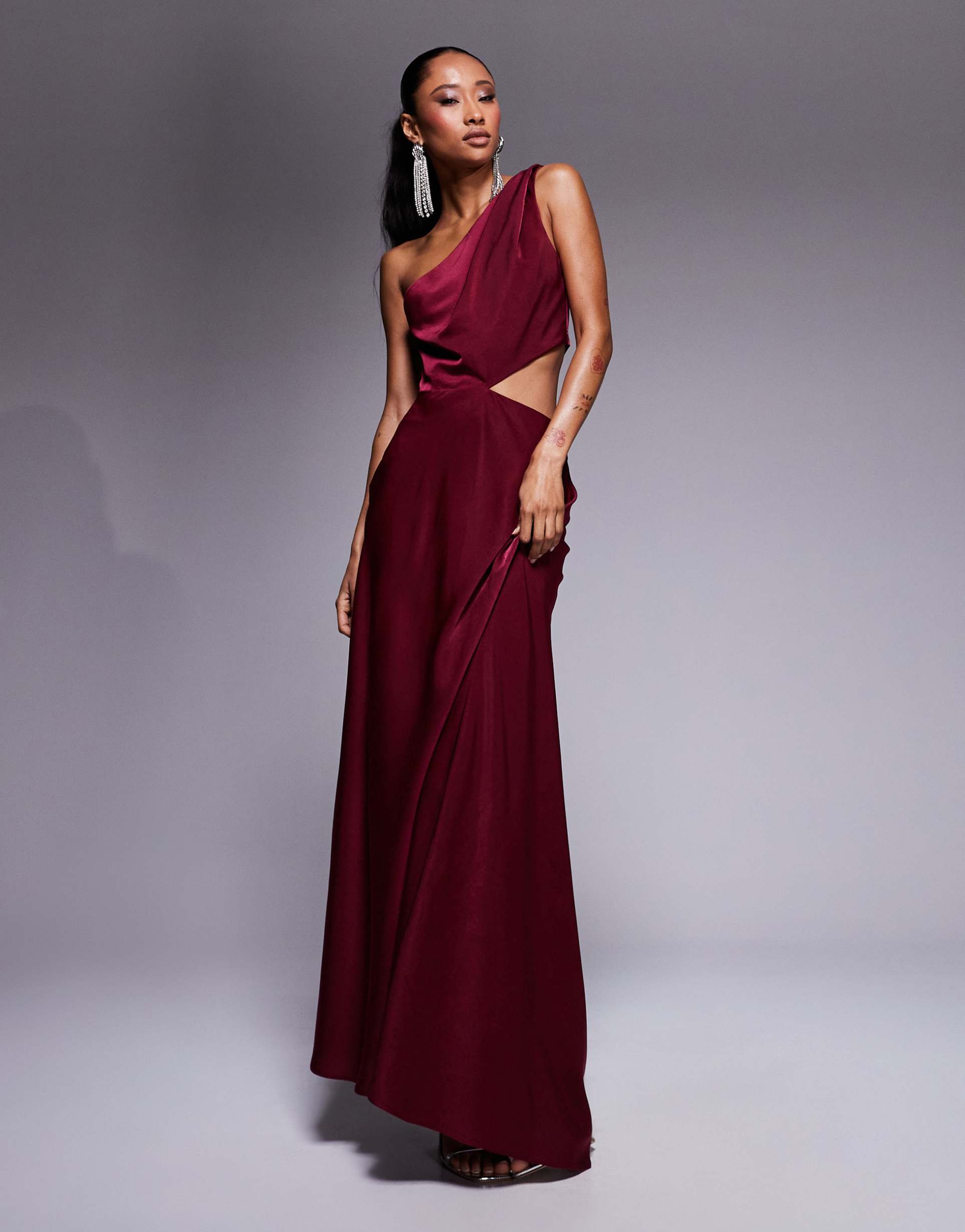 asos design satin twist strap cut-out maxi dress in burgundy