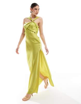 Asos Design Satin Twist Strap Drape Maxi Dress In Lime-green