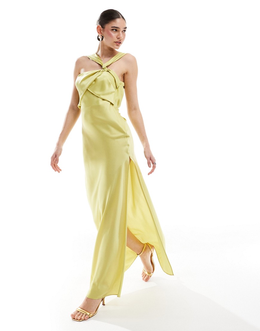 Asos Design Satin Twist Strap Drape Maxi Dress In Lime-green