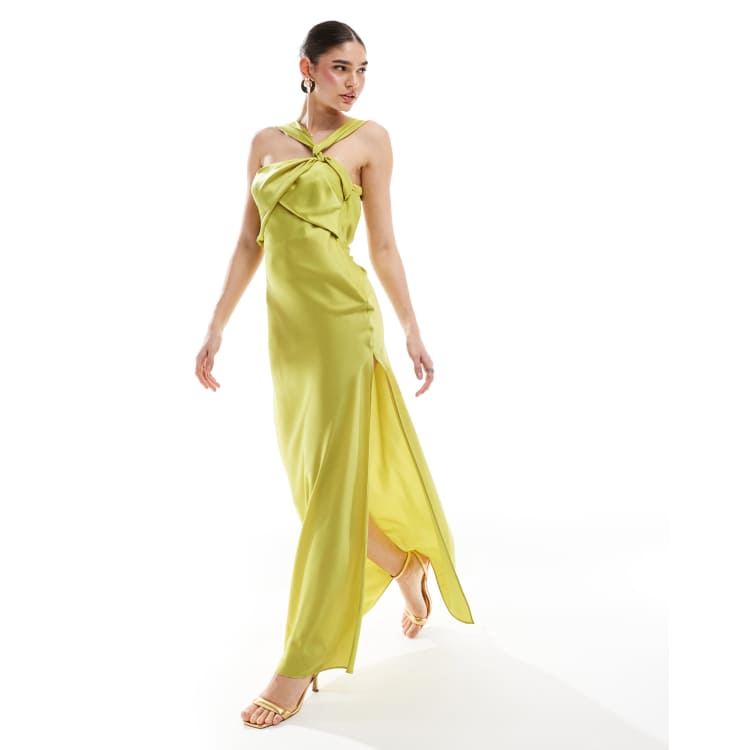 ASOS DESIGN satin twist strap drape maxi dress in lime