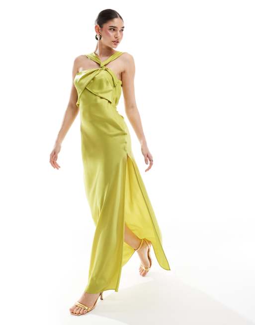 FhyzicsShops DESIGN satin twist strap drape maxi dress in lime