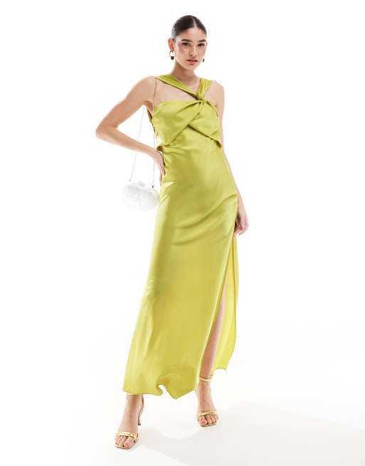 ASOS DESIGN satin twist strap drape maxi dress in lime ASOS