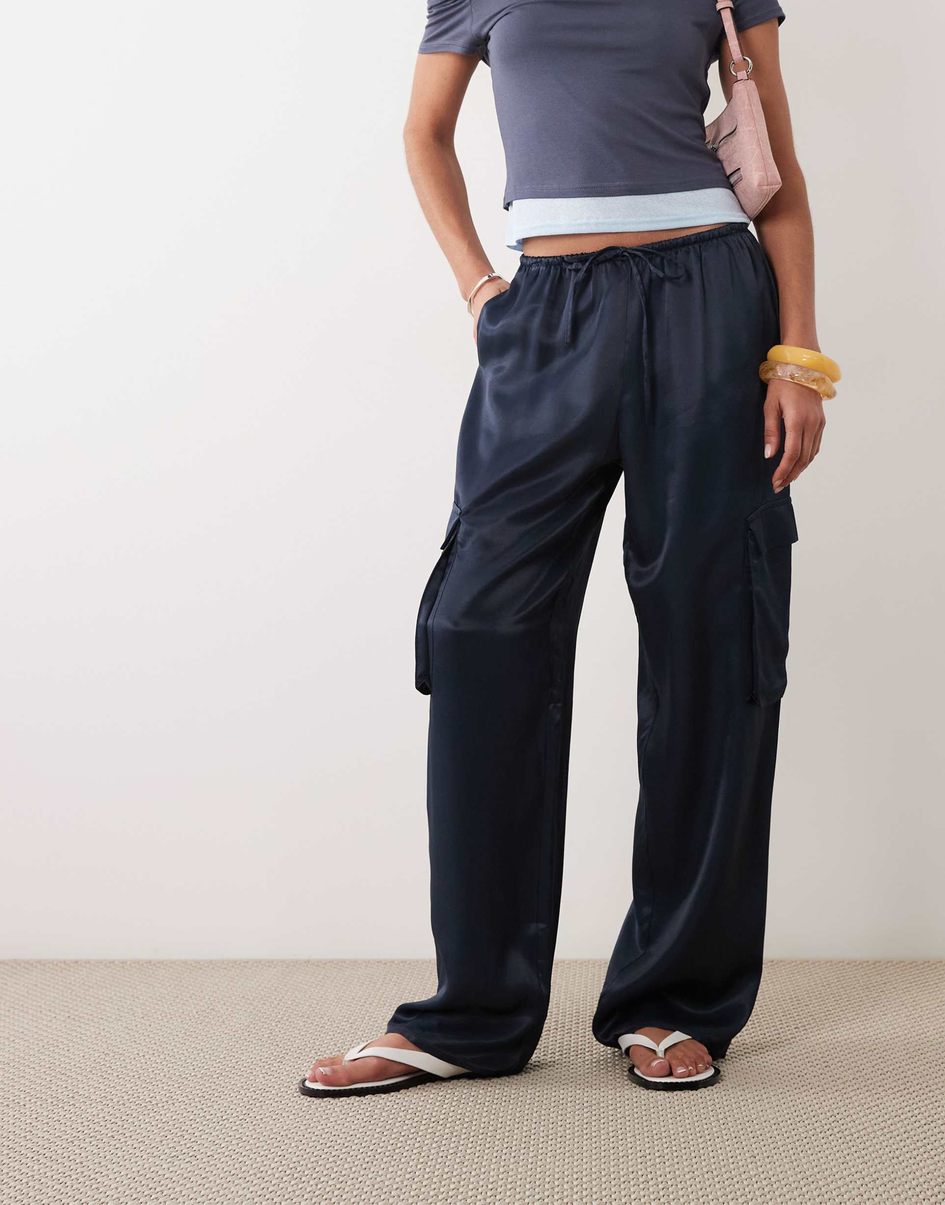 asos design satin utility cargo pocket pants in navy - part of a set