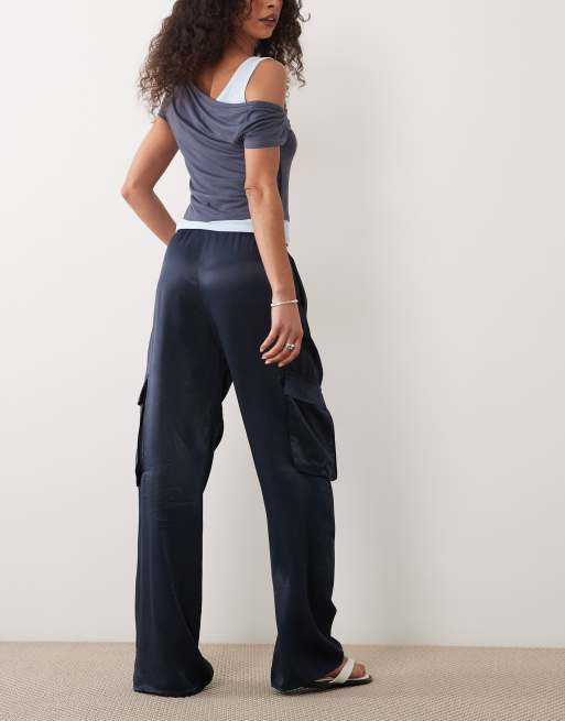 ASOS DESIGN satin utility cargo pocket pants in navy - part of a set, 4 of 5