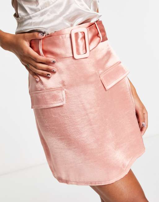 Satin utility mini shop skirt with buckle belt