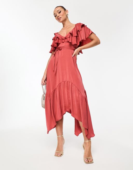 Satin Ruffle Midi Dress