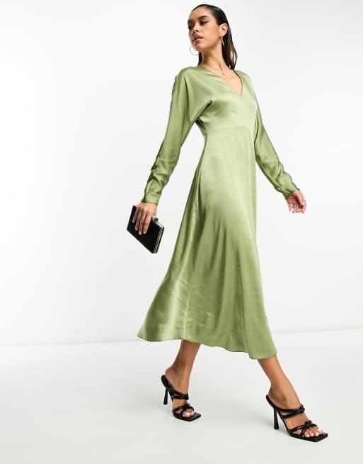 Long sleeve 2025 midi satin dress