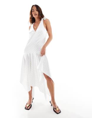 Asos Design Satin V Neck Midi Dress With Bow Detail In White And Green Pin Dot In White