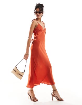 satin v neck midi slip dress in terracotta-Orange