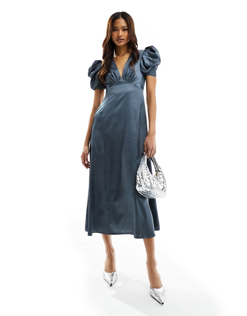 ASOS DESIGN satin v neck midi tea dress with puff sleeves in blue grey