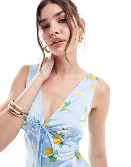 ASOS DESIGN satin v neck mini slip dress with underbust tie detail in lemon print