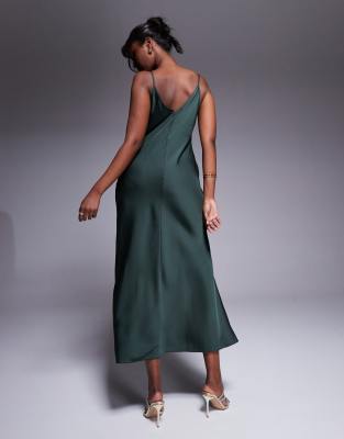 Asos Design Satin V Neck Seam Detail Maxi Dress With Split In Green