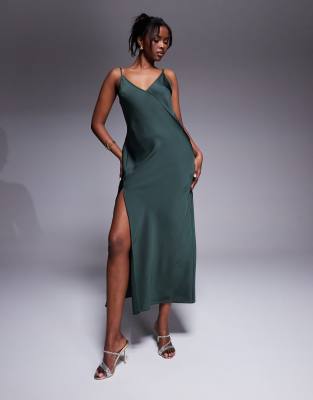 ASOS DESIGN satin V-neck seam detail midaxi dress with slit in dark green |  ASOS