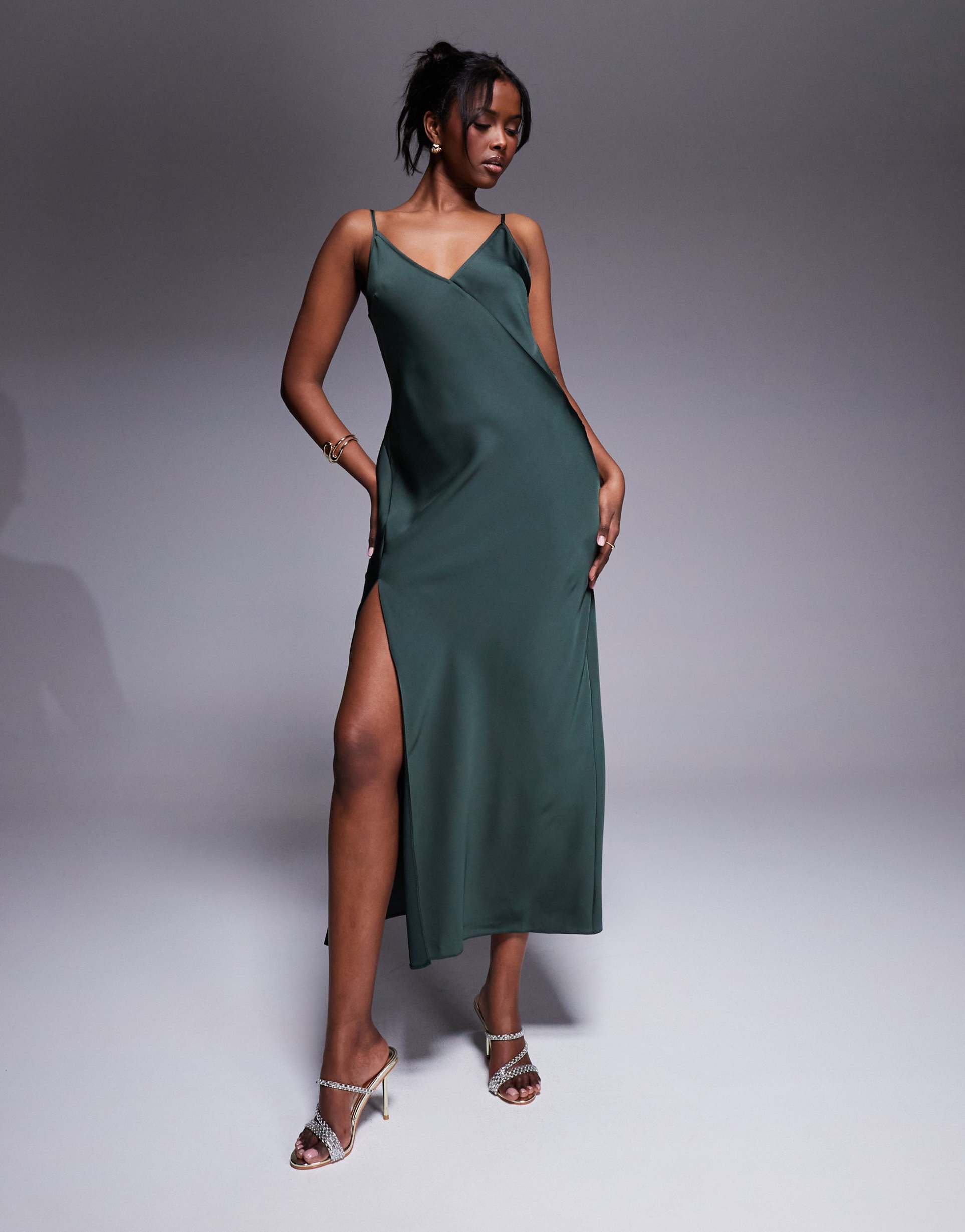 asos design satin v-neck seam detail midaxi dress with slit in dark green
