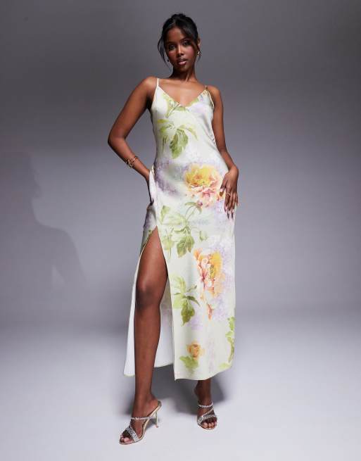 ASOS DESIGN satin V-neck seam detail midaxi dress with slit in green floral print