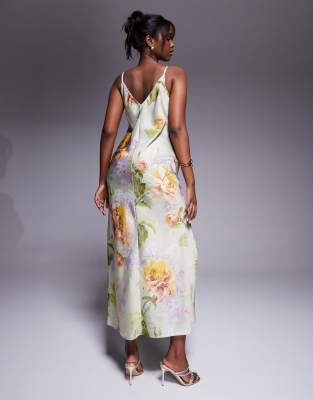 ASOS DESIGN SATIN V NECK SEAM DETAIL MIDAXI DRESS WITH SPLIT