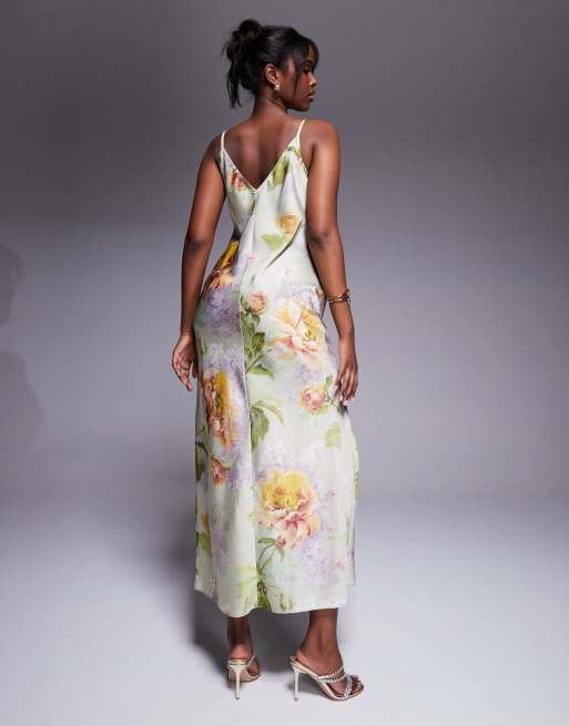 ASOS DESIGN satin V-neck seam detail midaxi dress with slit in green floral print