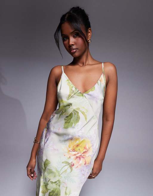 ASOS DESIGN satin V-neck seam detail midaxi dress with slit in green floral print