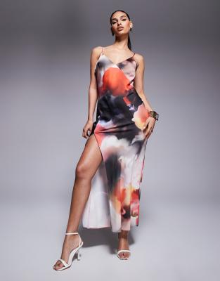 ASOS DESIGN SATIN V NECK SEAM DETAIL SPLIT MIDAXI DRESS