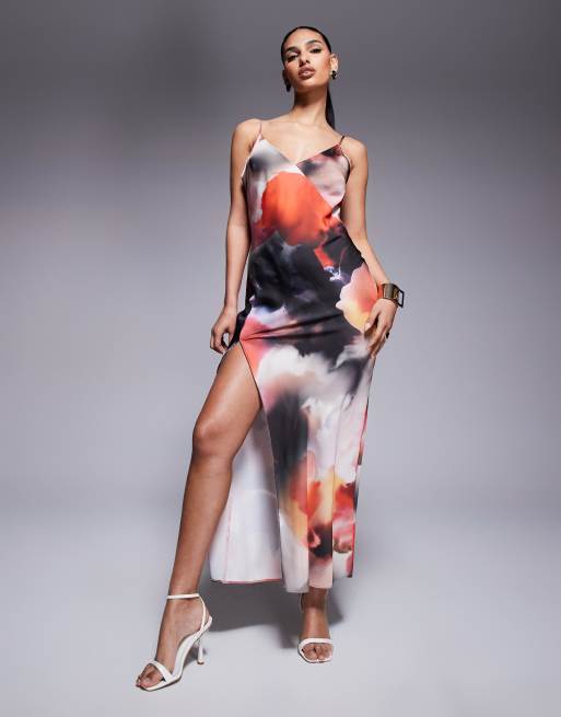ASOS DESIGN satin V-neck seam detail slit midaxi dress in dark abstract print