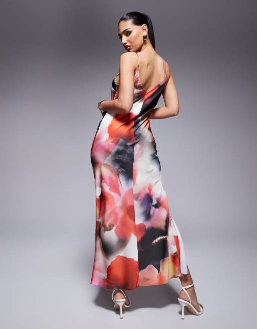 ASOS DESIGN satin V-neck seam detail slit midaxi dress in dark abstract print