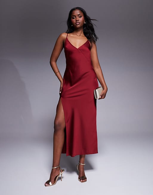 dark red satin dress Strapless Slit Prom Gown with Pockets please enter them into the note to seller section while checking out or message us Red Satin Formal Dresses |