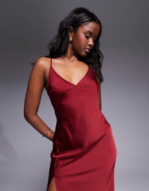 ASOS DESIGN satin V-neck seam detail slit midaxi dress in dark red