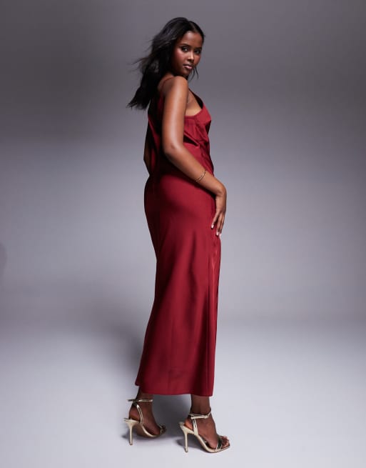 ASOS DESIGN satin v neck seam detail split midaxi dress in dark red, 2 of 4