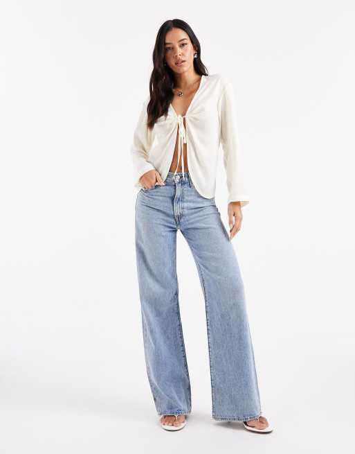 ASOS DESIGN satin v-neck tie detail long sleeve blouse in ivory, 4 of 4