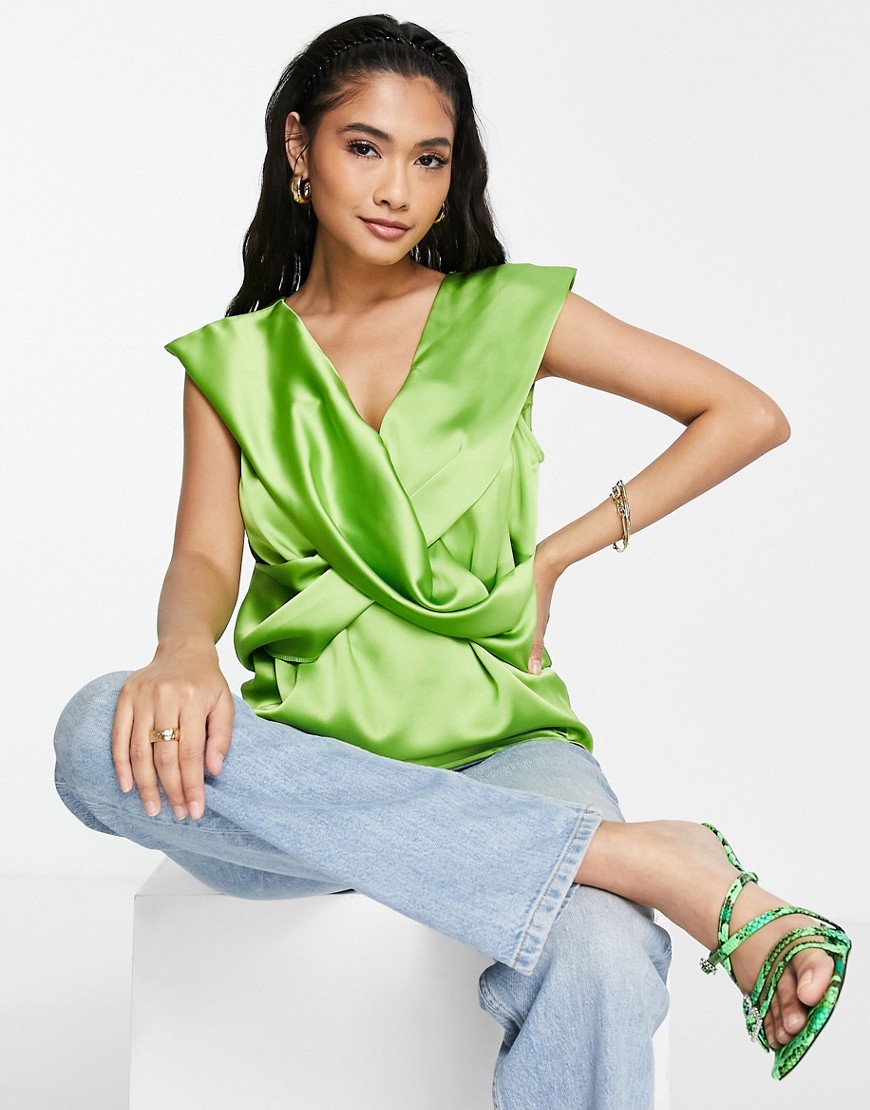 Asos Design Satin V Neck Twist Blouse With Cupped Sleeve In Bright Green