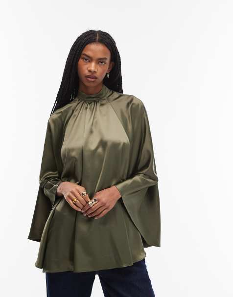 ASOS DESIGN satin volume cape top in dark khaki green - view 1