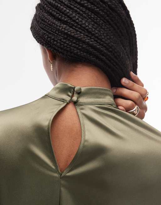 ASOS DESIGN satin volume cape top in dark khaki, 3 of 4