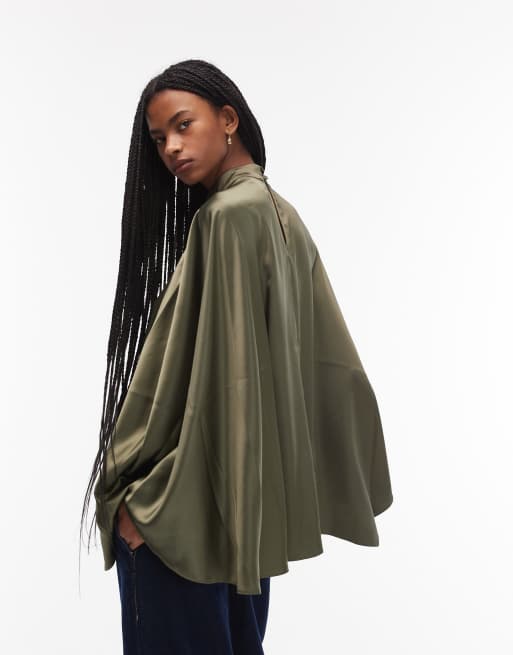 ASOS DESIGN satin volume cape top in dark khaki, 4 of 4