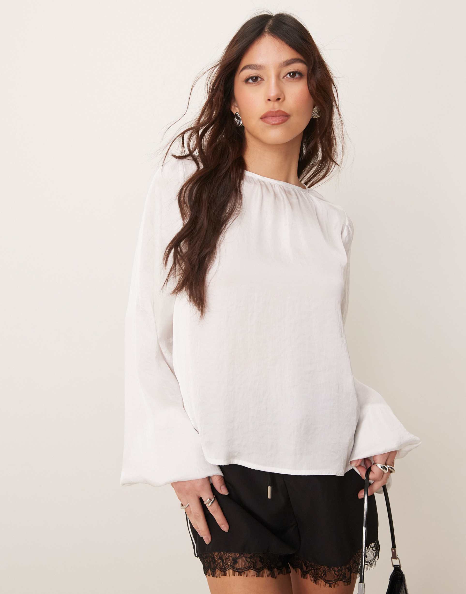 asos design satin volume sleeve blouse in ivory