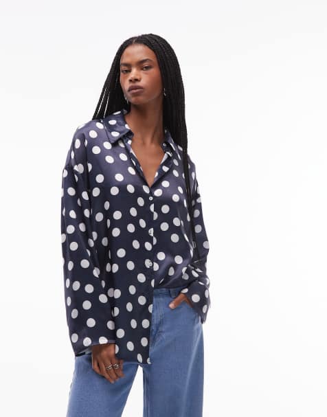 ASOS DESIGN satin wide cuff shirt in polka dot - view 1