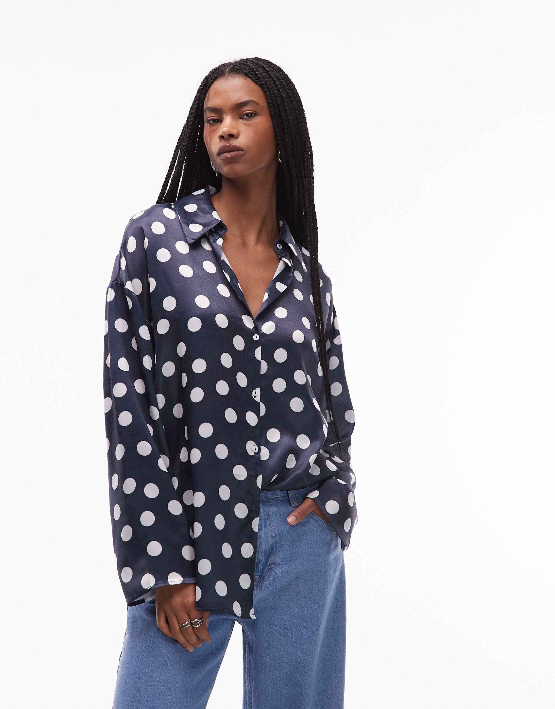 asos design satin wide cuff shirt in polka dots