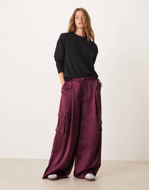ASOS DESIGN satin wide leg cargo pants in plum - view 1