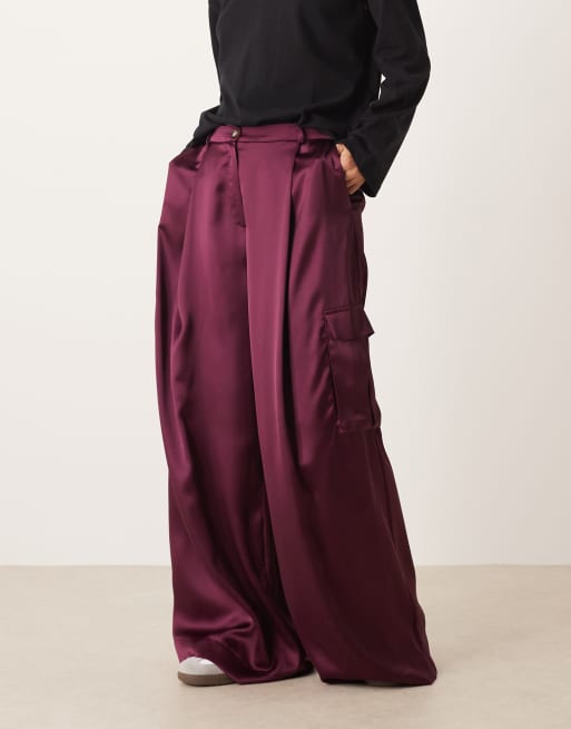 ASOS DESIGN satin wide leg cargo pants in plum