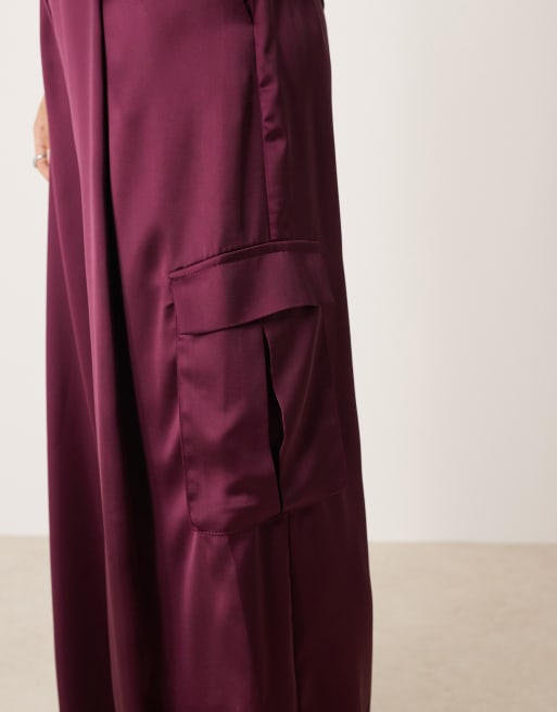 ASOS DESIGN satin wide leg cargo pants in plum