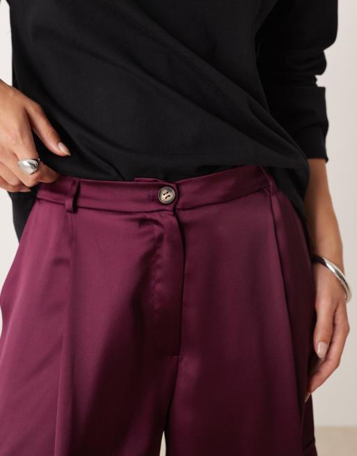 ASOS DESIGN satin wide leg cargo pants in plum