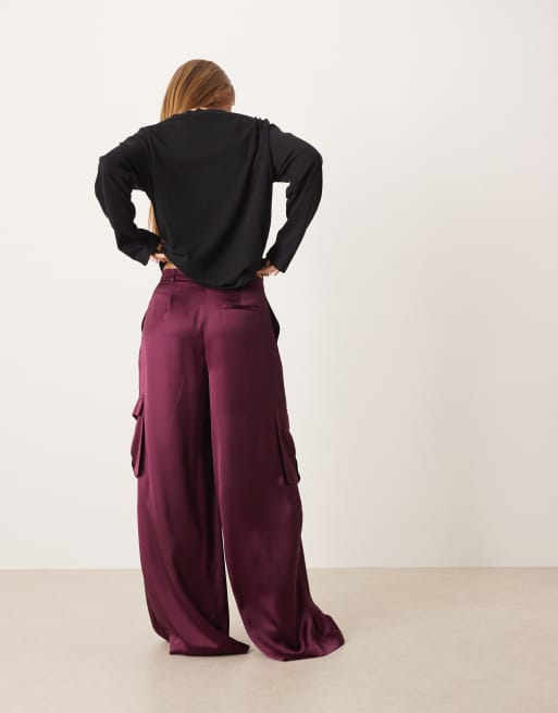 ASOS DESIGN satin wide leg cargo pants in plum