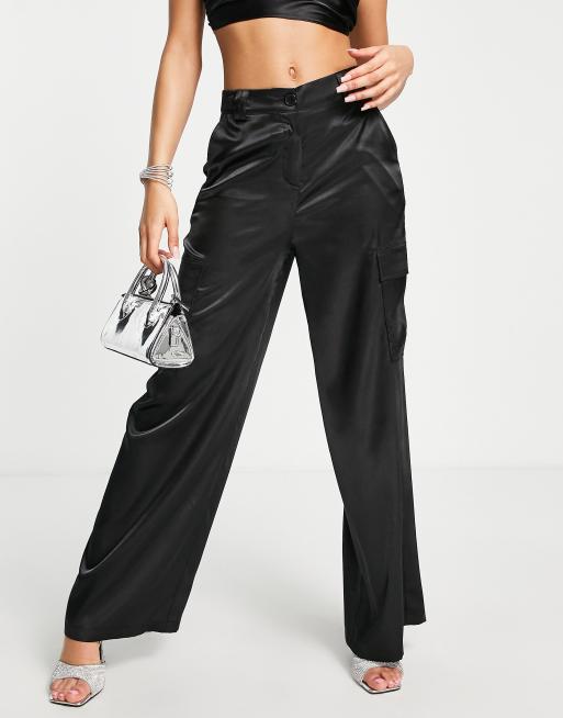 Weekday satin cargo trousers in black