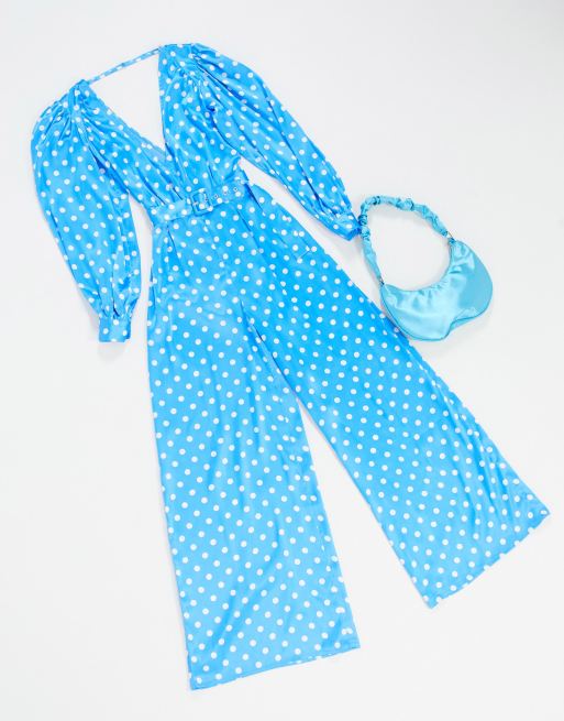 ASOS DESIGN satin wide leg jumpsuit in blue and white spot
