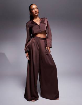 satin wide leg pants in brown - part of a set