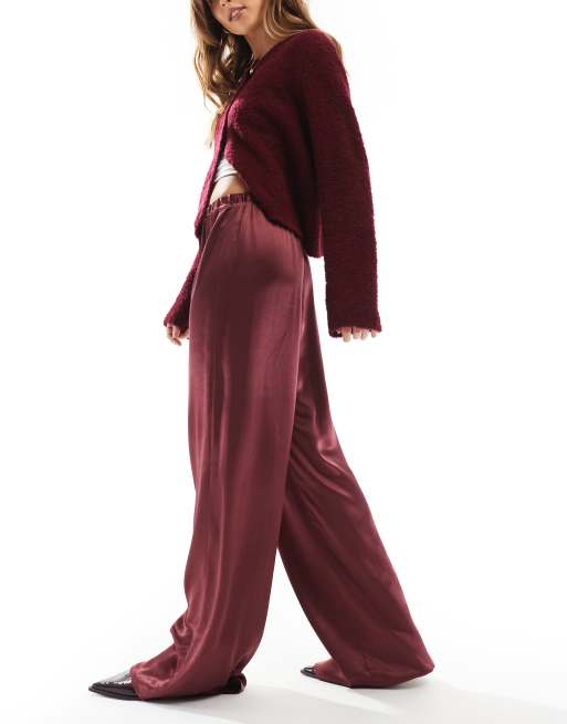 ASOS DESIGN satin wide leg pants in burgundy | ASOS