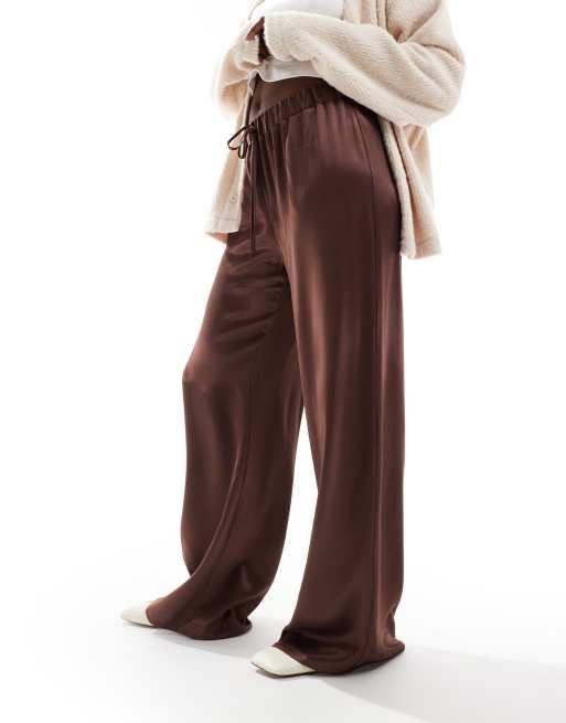 ASOS DESIGN satin wide leg pants in chocolate